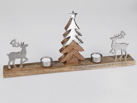 Kerzenhalter Hirsch mit 2 Teelichthalter und Baum Mango Holz mit Aluminium Elemente